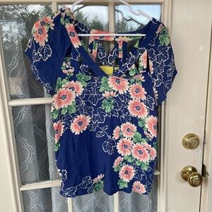 Maeve Navy Floral Blouse with Pink and Green Accents